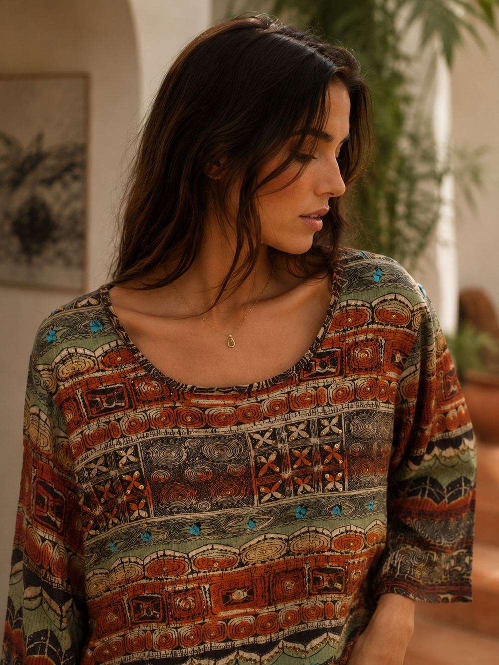 A La Carte XL Boho Embellished Tunic Top Tribal Print Blouse